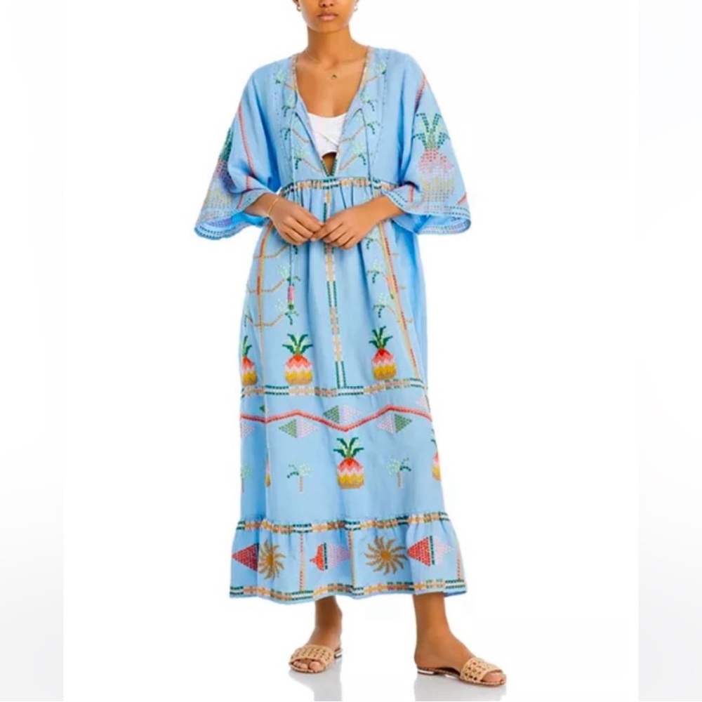FARM Rio Embroidered Pineapple Linen Maxi Dress / Swim Cover Up. Size Medium